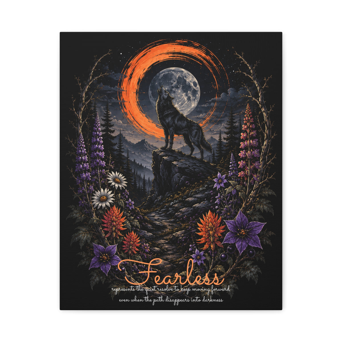 Fearless canvas print, 16" x 20" (Vertical), showing wolf and moon artwork