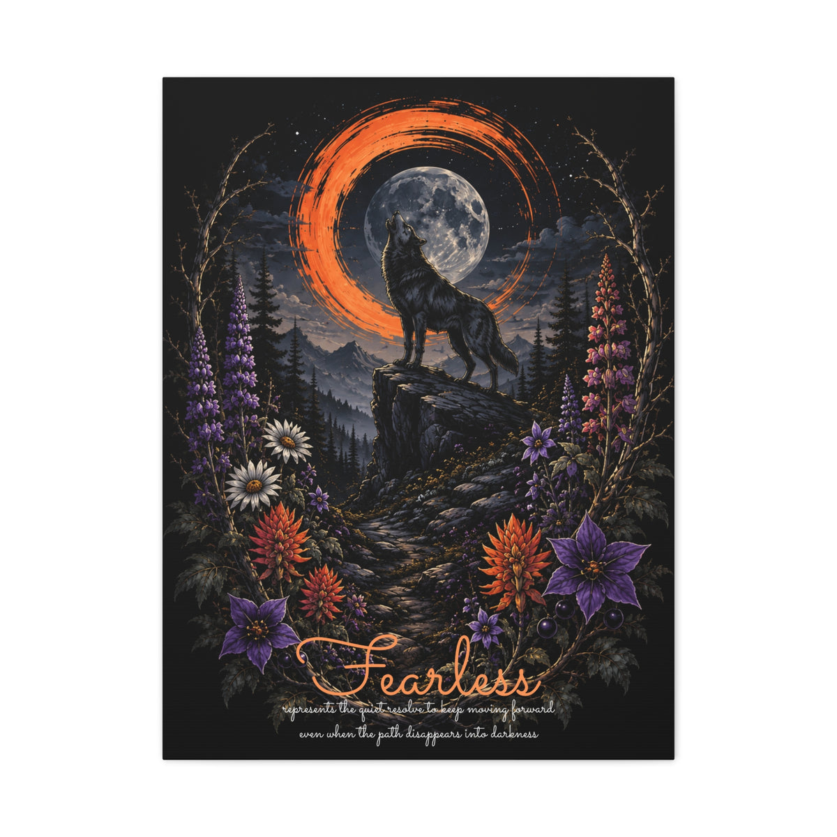 Fearless canvas print, 24" x 32" (Vertical), showing wolf and moon artwork