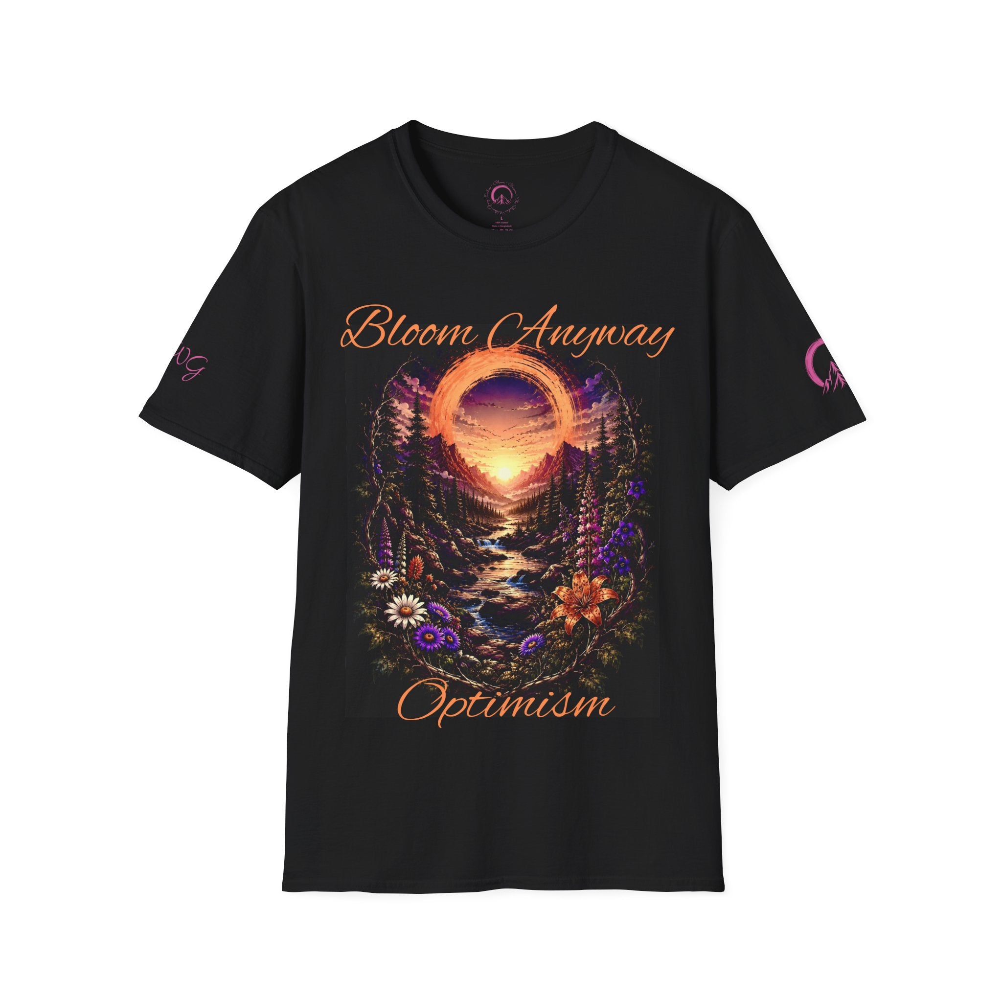 Black t-shirt with front chest graphic of a crescent moon over a desert wildflower landscape, 'Bloom Anyway' text arched above and 'Optimism' below - Nightshade Wild Bloom Collection