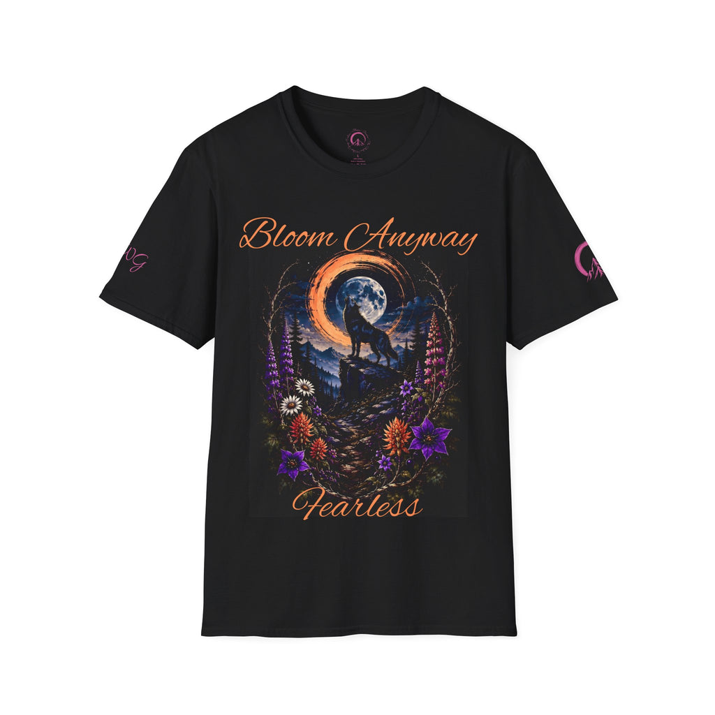 Black t-shirt with front chest graphic of a crescent moon over a desert wildflower landscape, 'Bloom Anyway' text arched above and 'Fearless' below - Nightshade Wild Bloom Collection