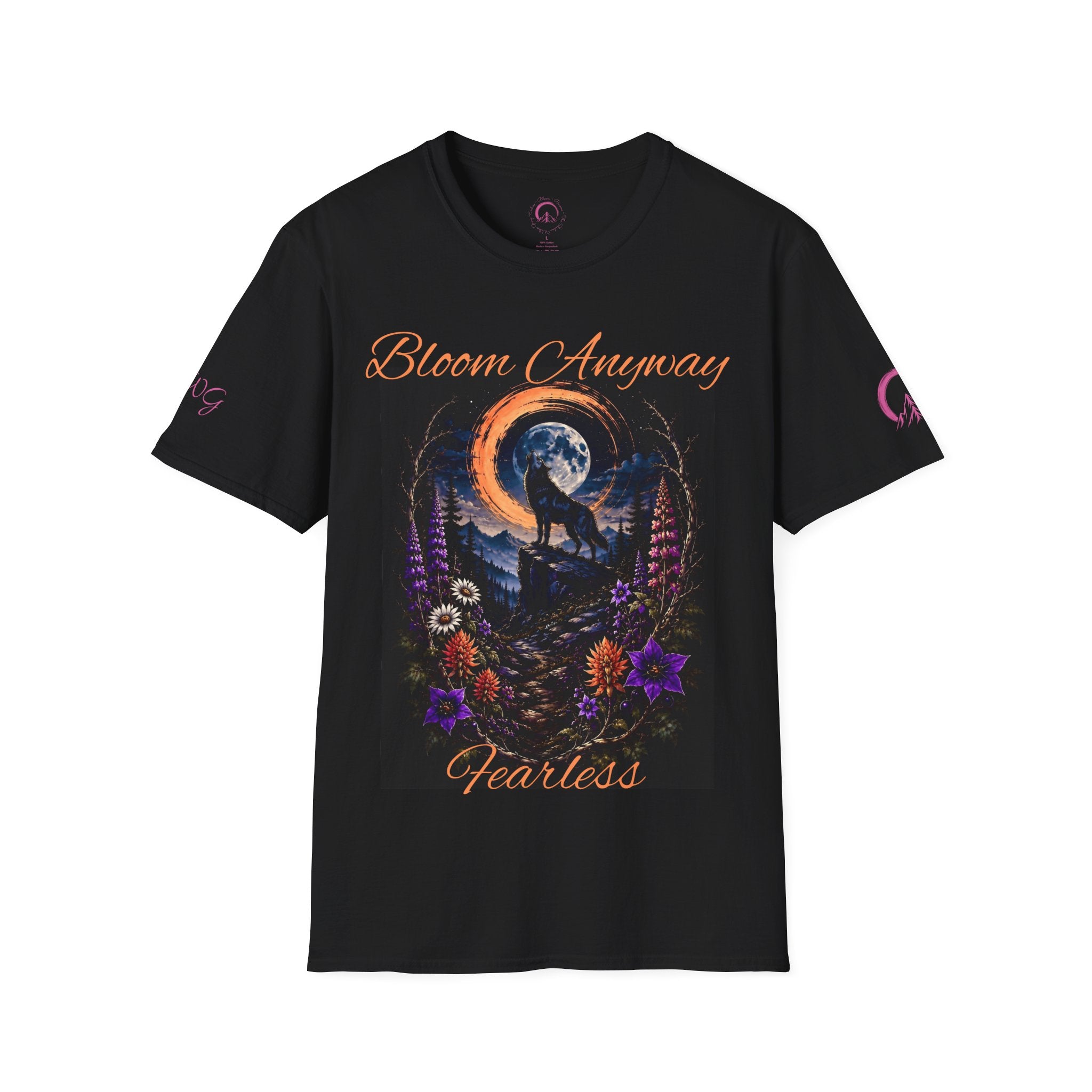Black t-shirt with front chest graphic of a crescent moon over a desert wildflower landscape, 'Bloom Anyway' text arched above and 'Fearless' below - Nightshade Wild Bloom Collection