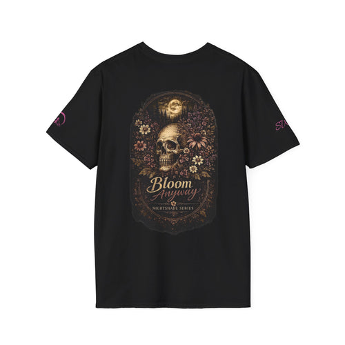 Black t-shirt with front chest graphic of a skull surrounded by wildflowers and 'Bloom' text below - Nightshade Wild Bloom Collection