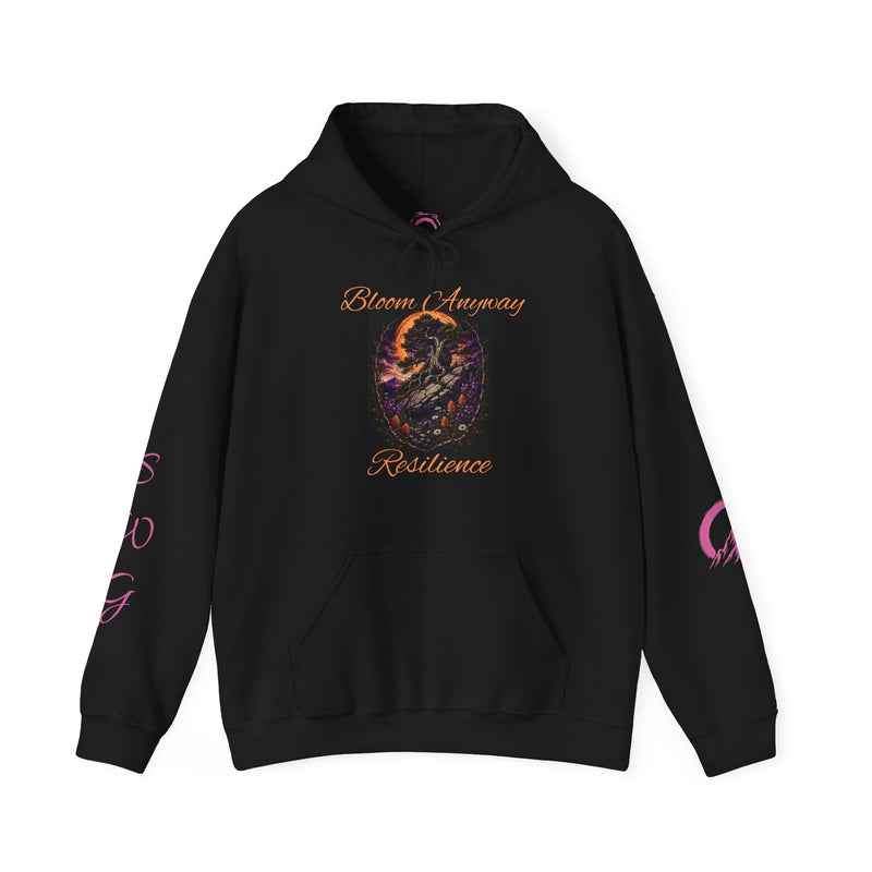 Black Resilience hoodie with Bloom Anyway lettering above a tree, rocks, and wildflower illustration