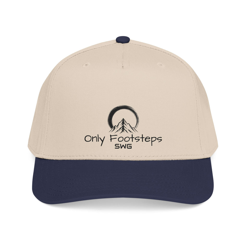 Cream baseball cap with navy brim and circular Open Enso 'Only Footsteps' logo patch on the front