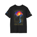 Black t-shirt with front graphic of a bear and mountain landscape beneath a sunset burst, 'The Wild Calling' text - Wild Places Collection