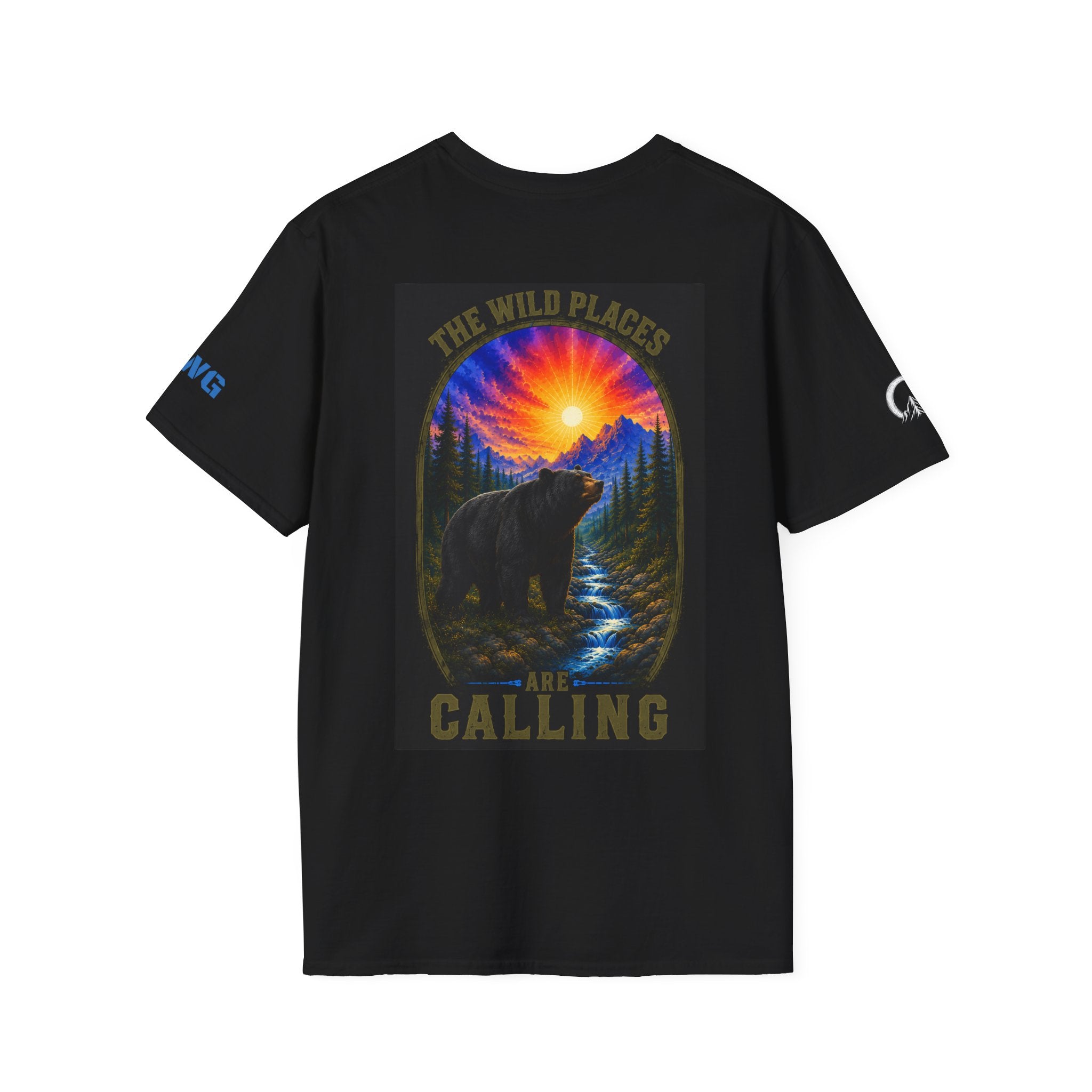 Black t-shirt with front graphic of a bear and mountain landscape beneath a sunset burst, 'The Wild Calling' text - Wild Places Collection