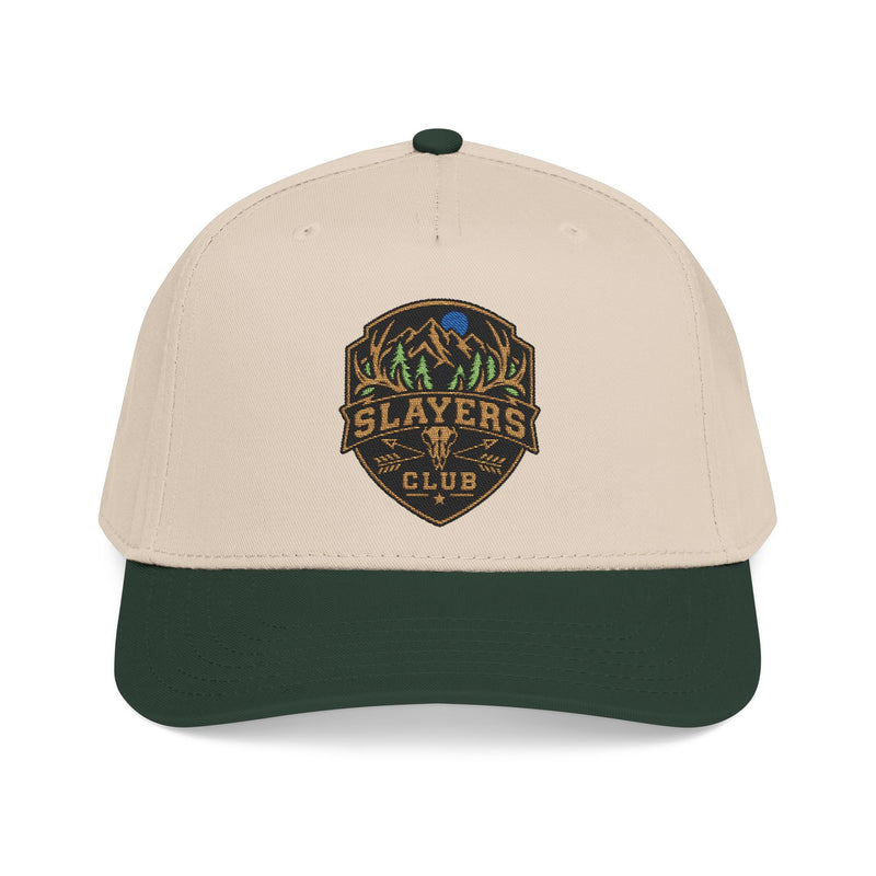 Tan and green Slayers Club cap with embroidered elk skull badge