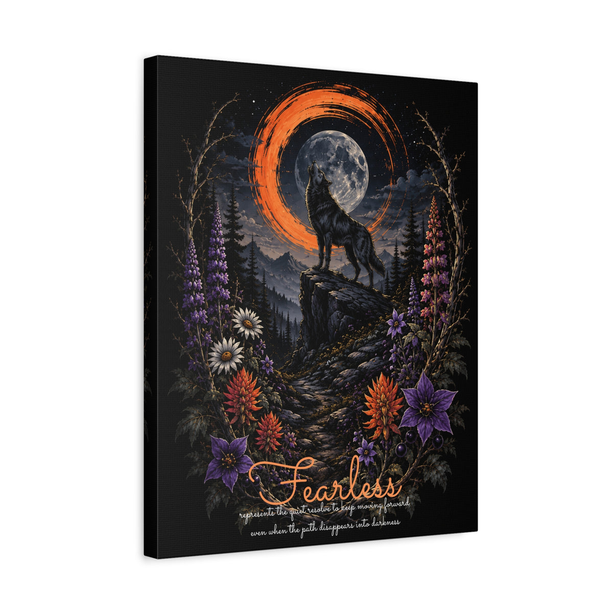 Angled view of Fearless wolf and wildflowers canvas showing the wrapped edge