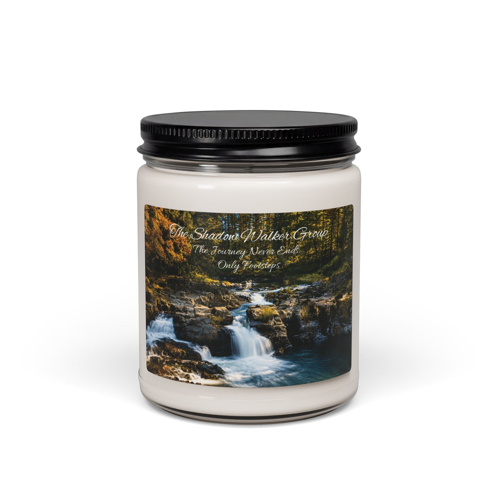 Be Still soy candle in a glass jar with a river scene label