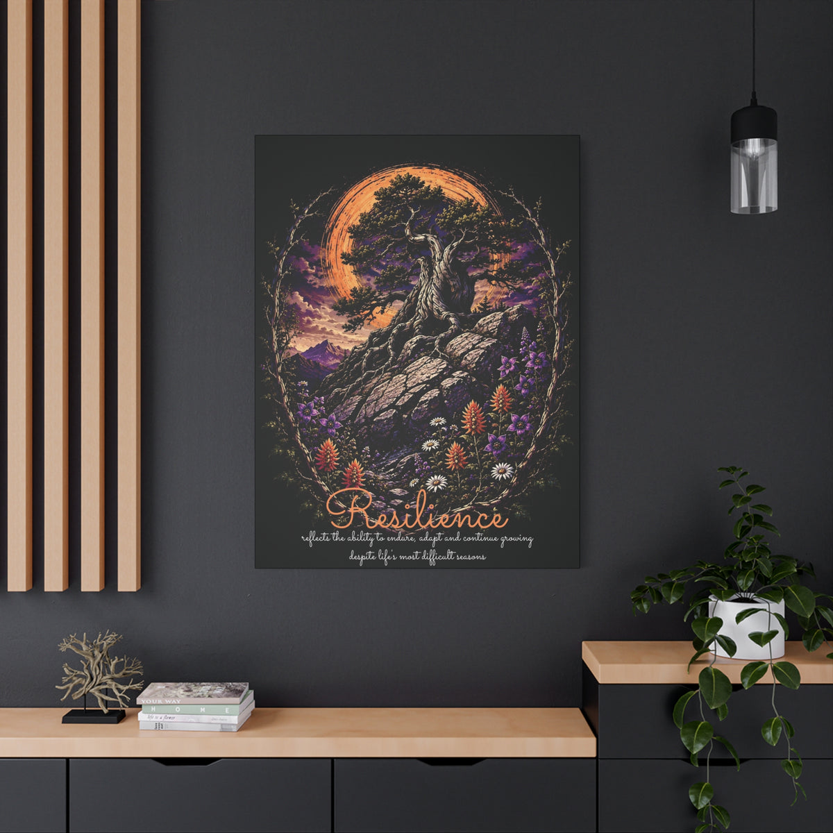 Resilience tree and wildflowers canvas displayed on a dark wall above a wooden console