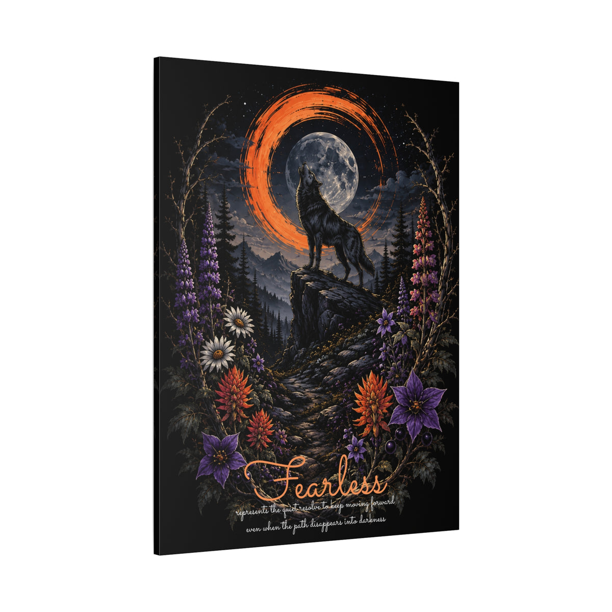 Angled view of Fearless wolf and wildflowers canvas showing the wrapped edge