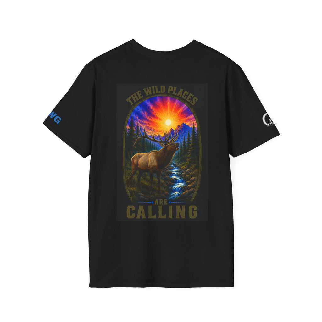 Black t-shirt with front graphic of an elk and mountain landscape beneath a sunset burst, 'The Wild Calling' text - Wild Places Collection