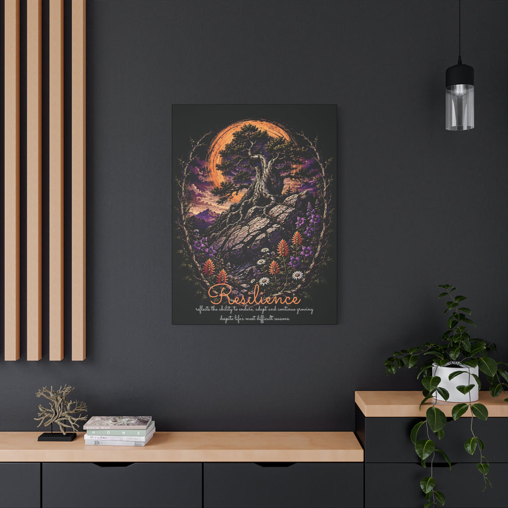 Resilience tree and wildflowers canvas displayed on a dark wall above a wooden console