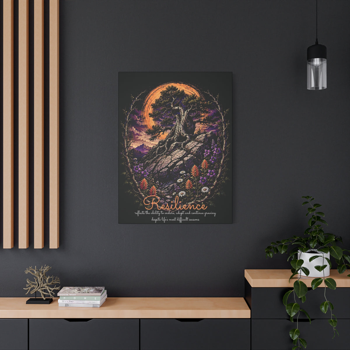 Resilience tree and wildflowers canvas displayed on a dark wall above a wooden console