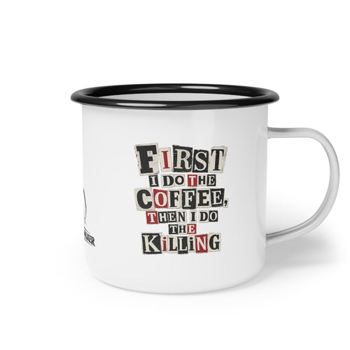 White enamel camp mug with black rim and Coffee First lettering