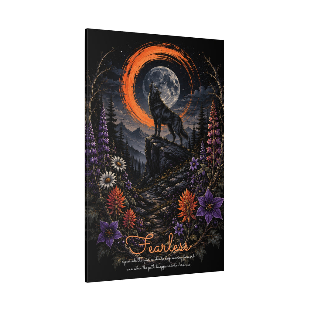 Angled view of Fearless wolf and wildflowers canvas showing the wrapped edge