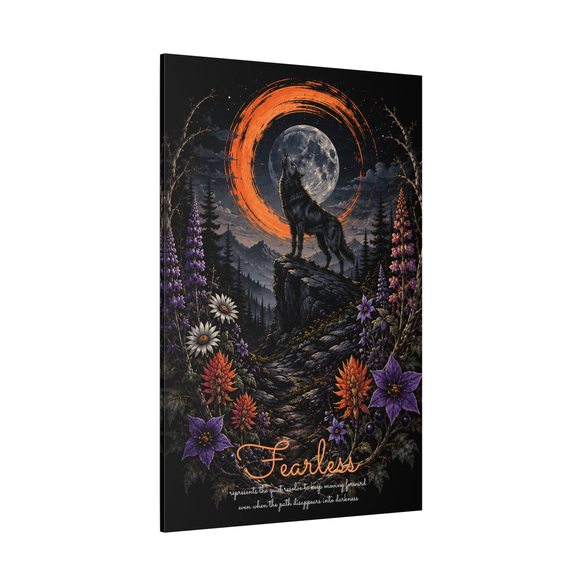 Angled view of Fearless wolf and wildflowers canvas showing the wrapped edge