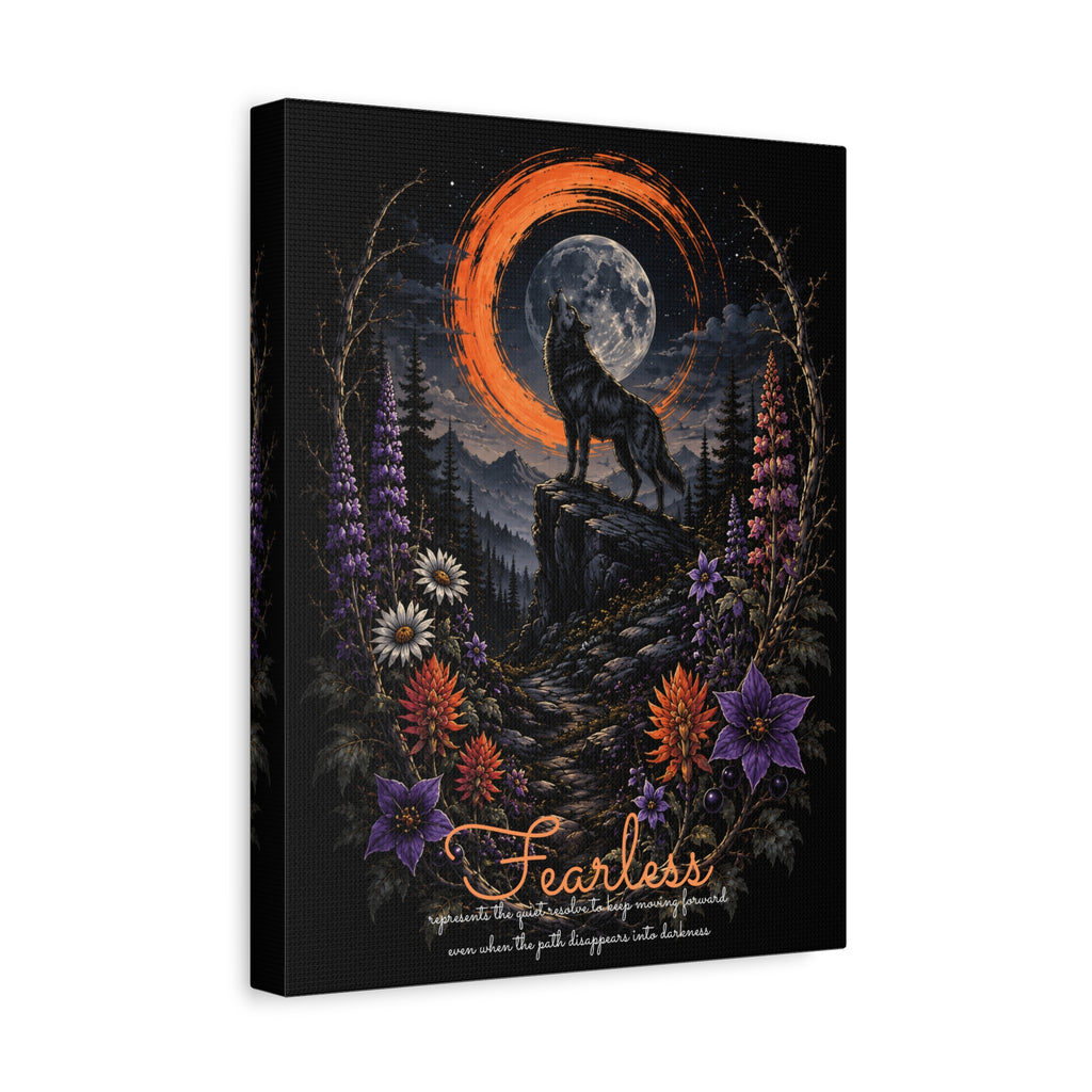 Angled view of Fearless wolf and wildflowers canvas showing the wrapped edge