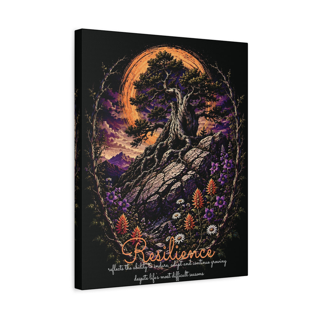 Resilience tree and wildflowers canvas angled view showing the wrapped edge
