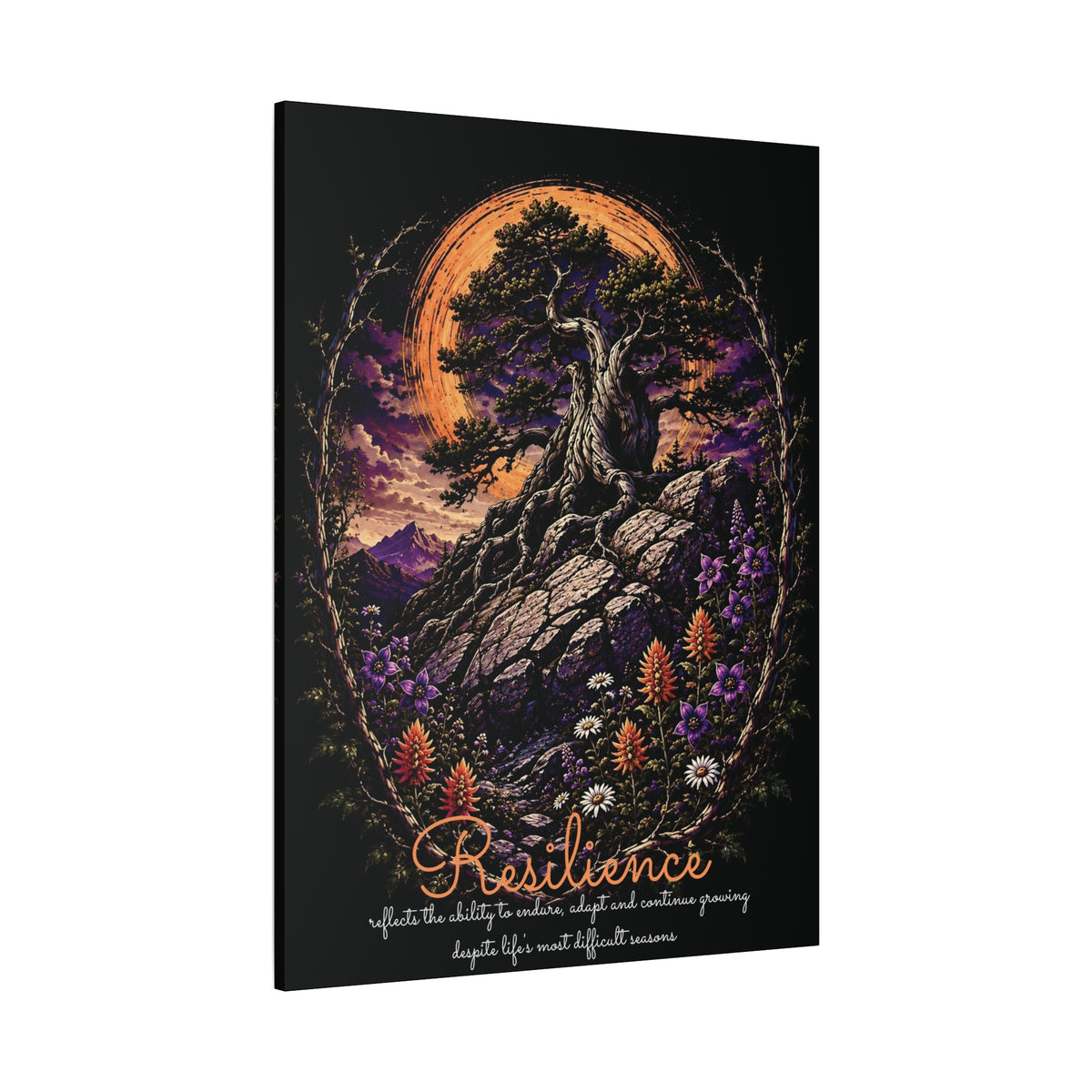 Resilience tree and wildflowers canvas angled view showing the wrapped edge