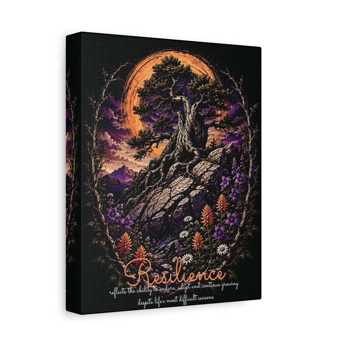 Resilience tree and wildflowers canvas angled view showing the wrapped edge