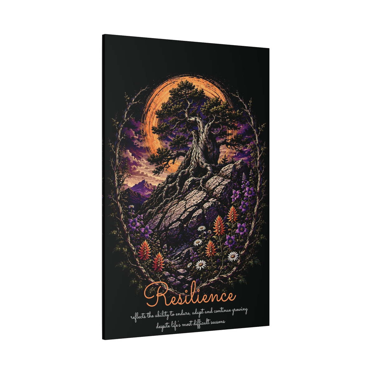 Resilience tree and wildflowers canvas angled view showing the wrapped edge
