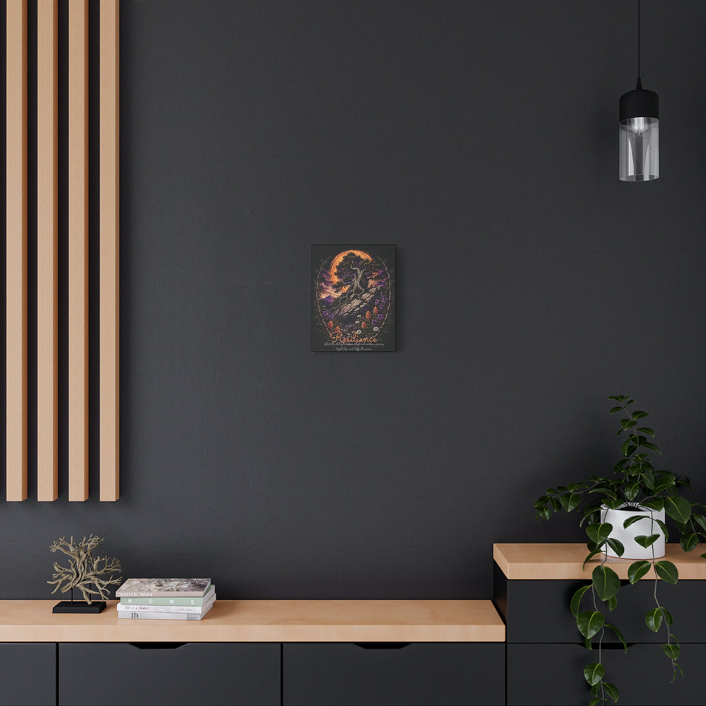Resilience tree and wildflowers canvas displayed on a dark wall above a wooden console