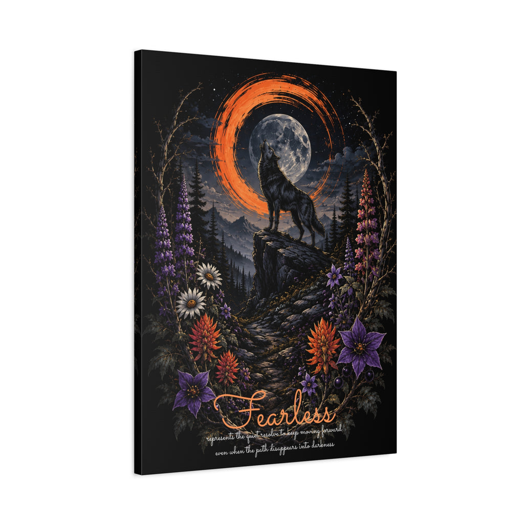 Angled view of Fearless wolf and wildflowers canvas showing the wrapped edge
