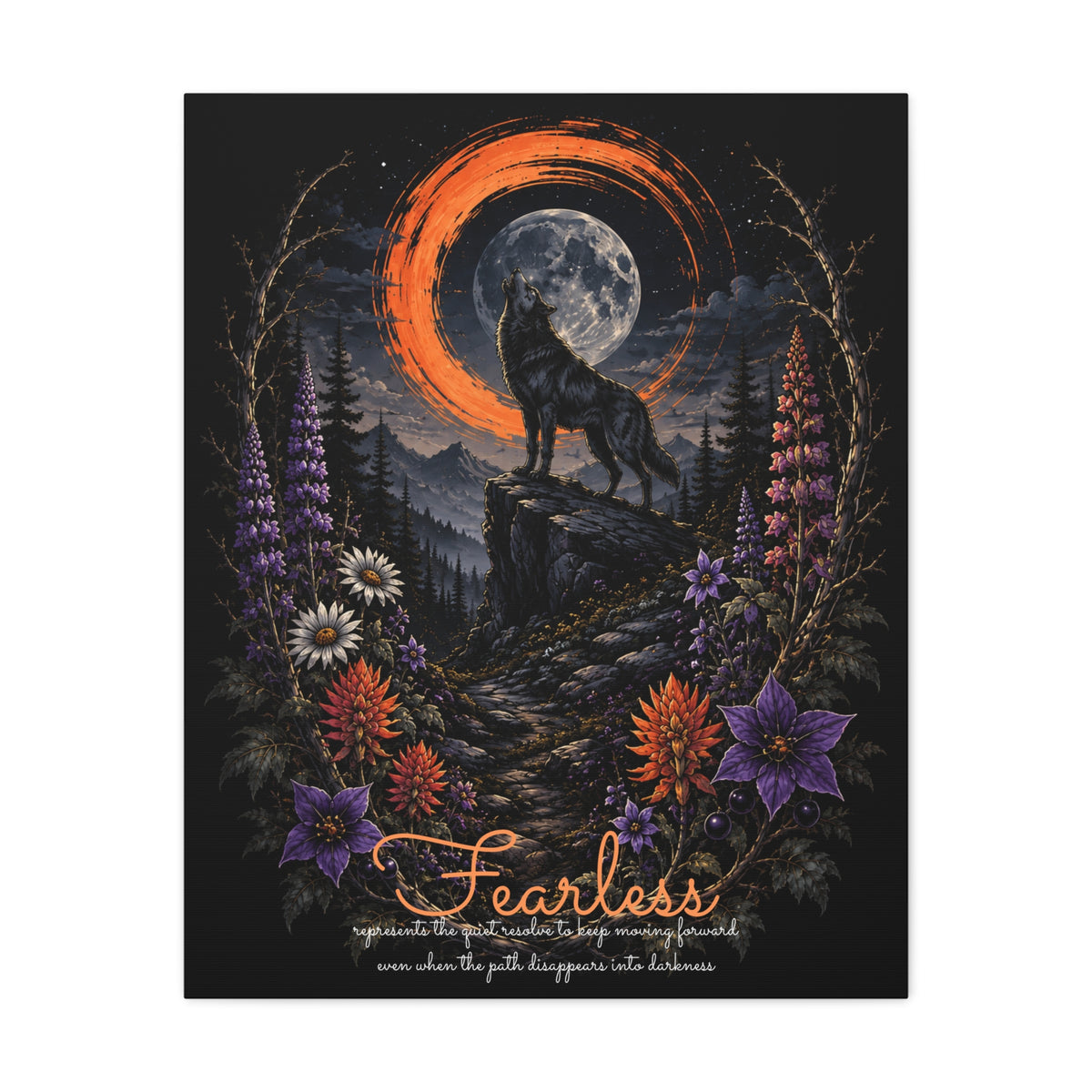 Fearless canvas print, 24" x 30" (Vertical), showing wolf and moon artwork