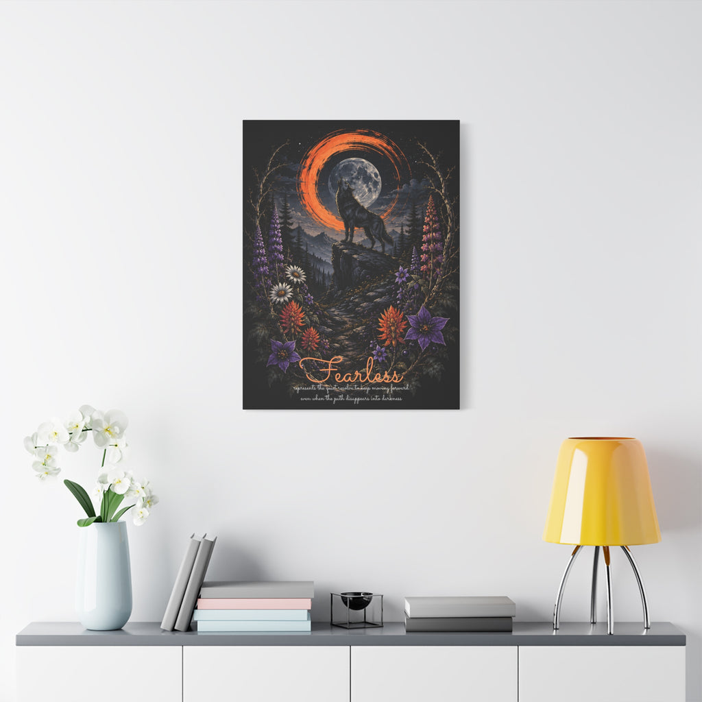 Fearless wolf and wildflowers canvas displayed on a white wall above a console and lamp