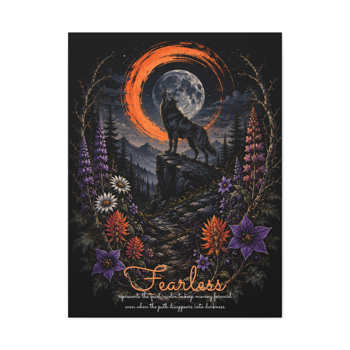 Fearless canvas print, 30" x 40" (Vertical), showing wolf and moon artwork