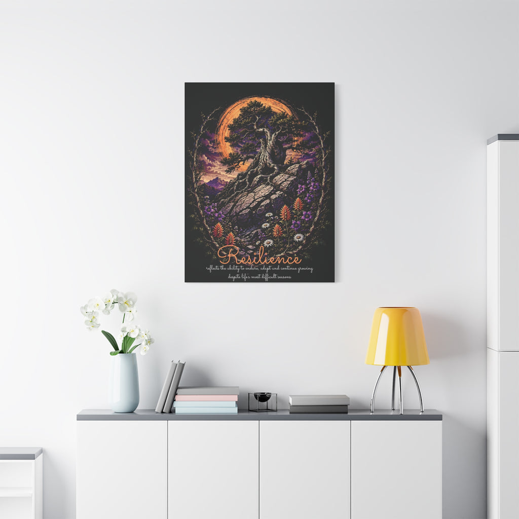 Resilience tree and wildflowers canvas displayed on a white wall above a console and lamp