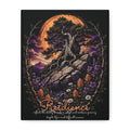 Resilience canvas with a tree growing from rocks beneath an orange moon and wildflowers