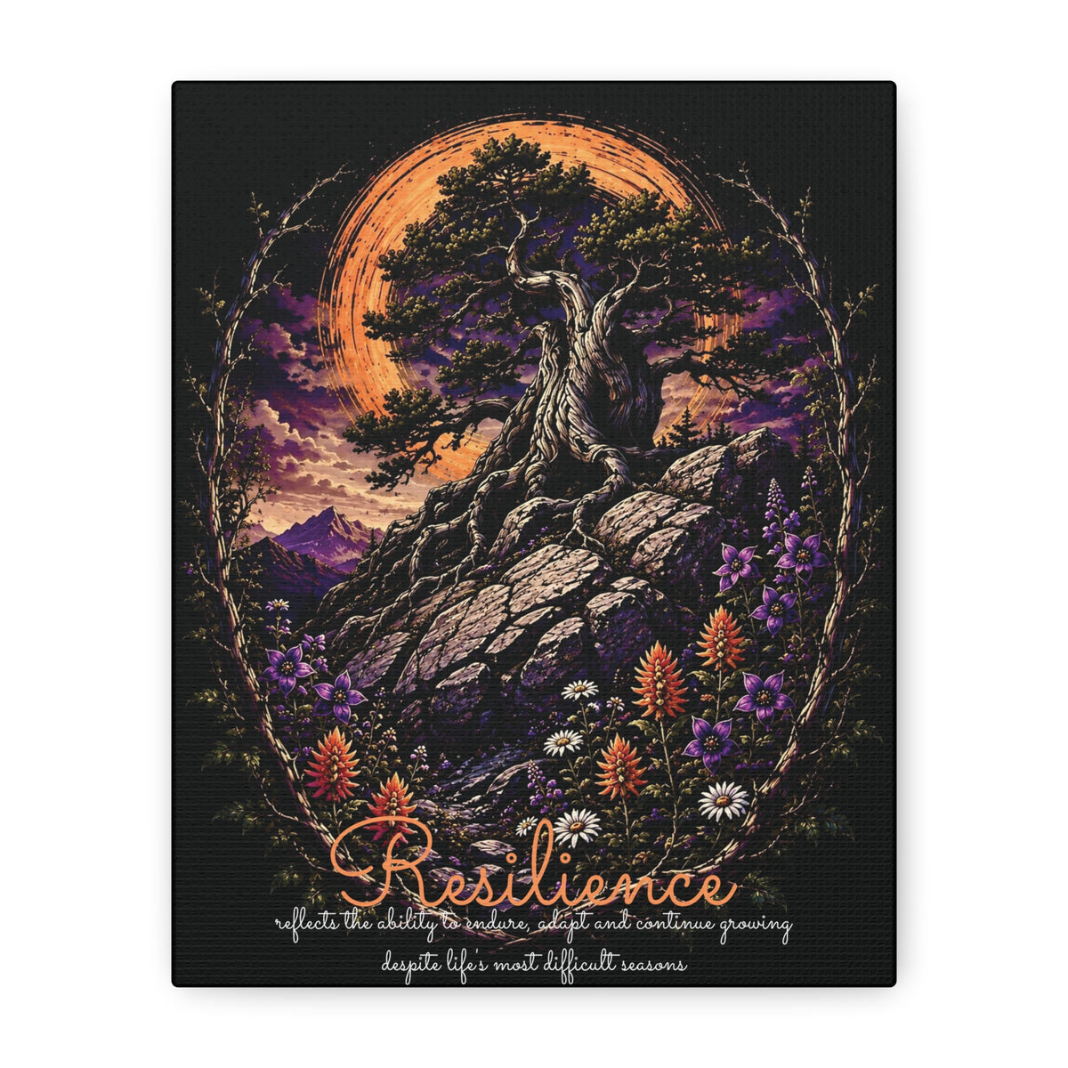 Resilience canvas with a tree growing from rocks beneath an orange moon and wildflowers