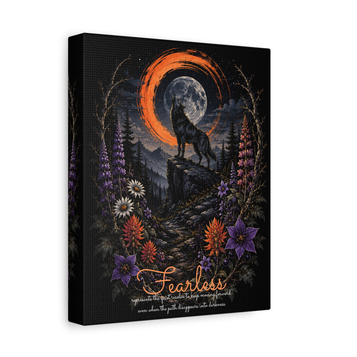 Angled view of Fearless wolf and wildflowers canvas showing the wrapped edge