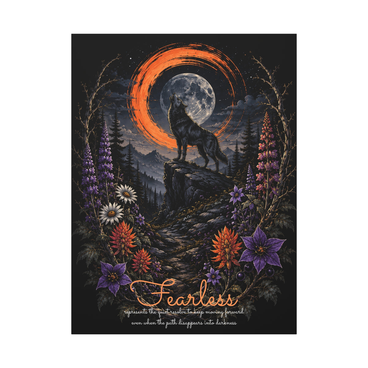 Fearless canvas print, 36" x 48" (Vertical), showing wolf and moon artwork