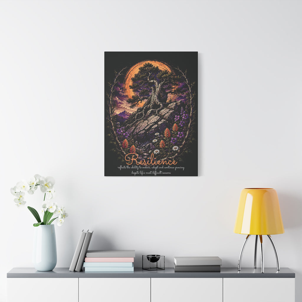 Resilience tree and wildflowers canvas displayed on a white wall above a console and lamp