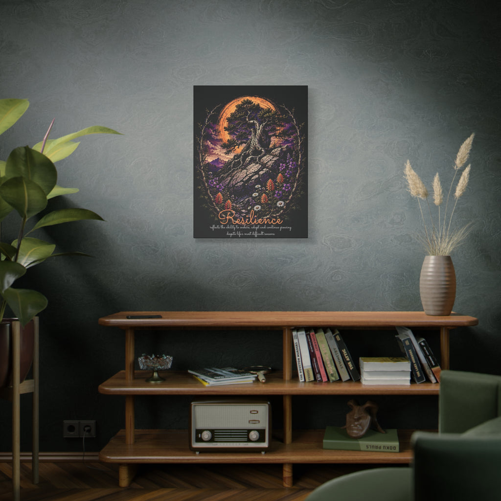 Resilience tree and wildflowers canvas displayed on a gray-green wall above a wooden cabinet