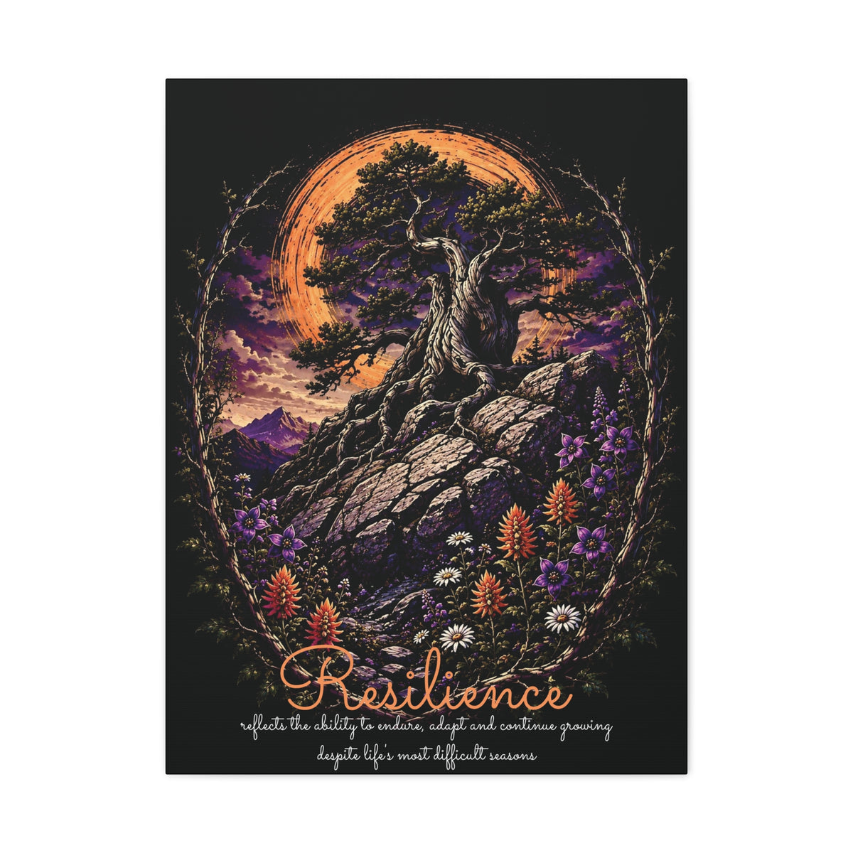 Resilience canvas print, 24" x 32" (Vertical), showing tree and wildflower artwork