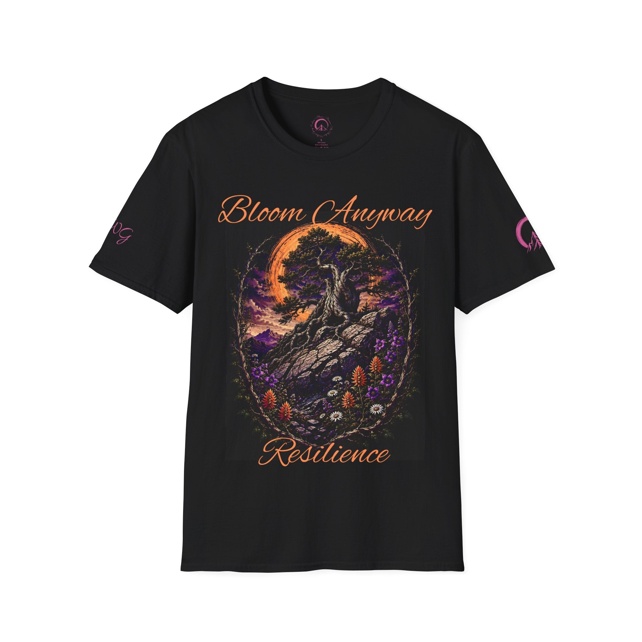 Black t-shirt with front chest graphic of a crescent moon over a desert wildflower landscape, 'Bloom Anyway' text arched above and 'Resilience' below - Nightshade Wild Bloom Collection