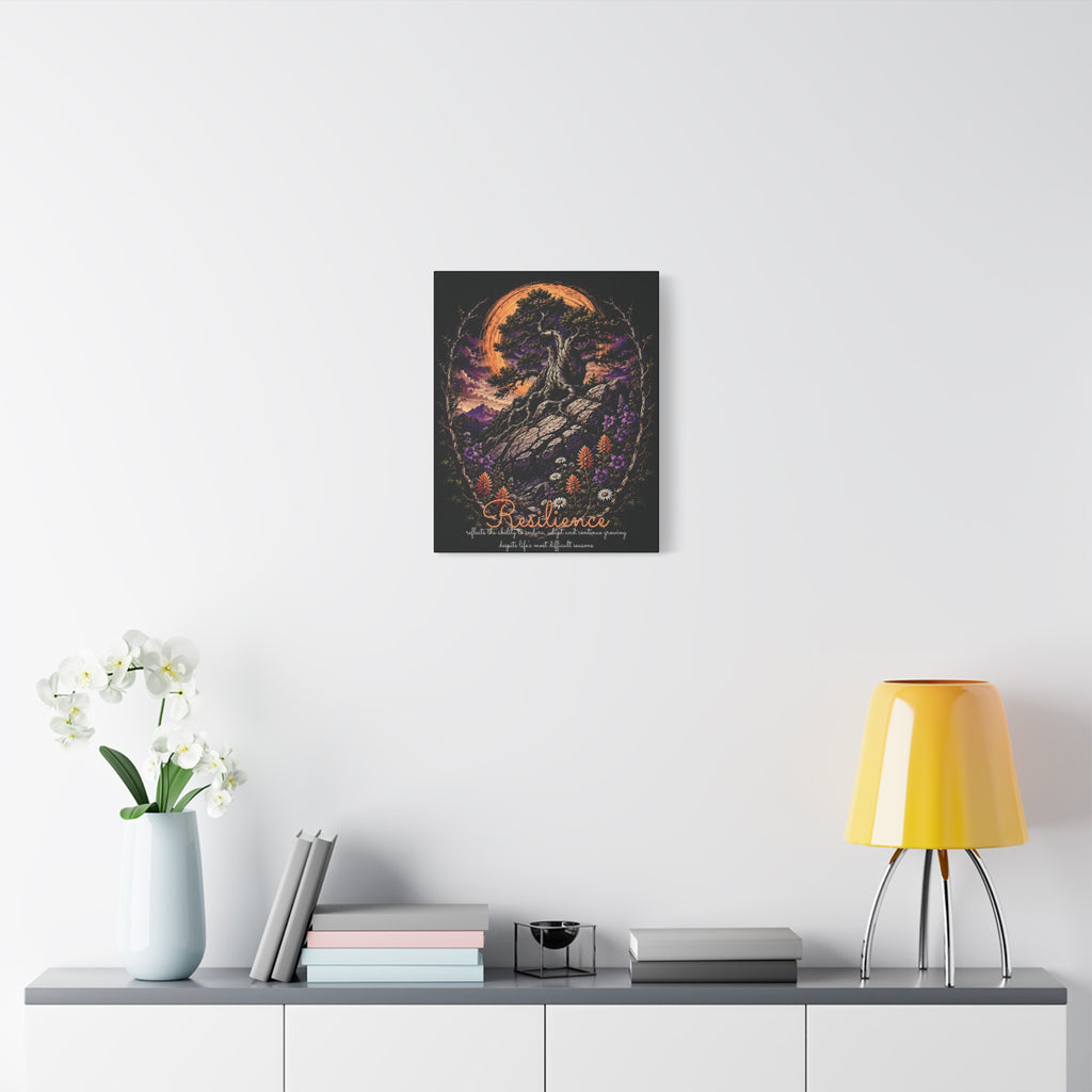 Resilience tree and wildflowers canvas displayed on a white wall above a console and lamp