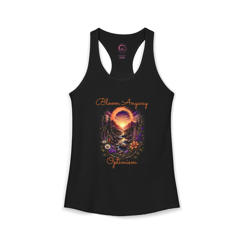 Black Optimism racerback tank with sunlit mountain and wildflower artwork