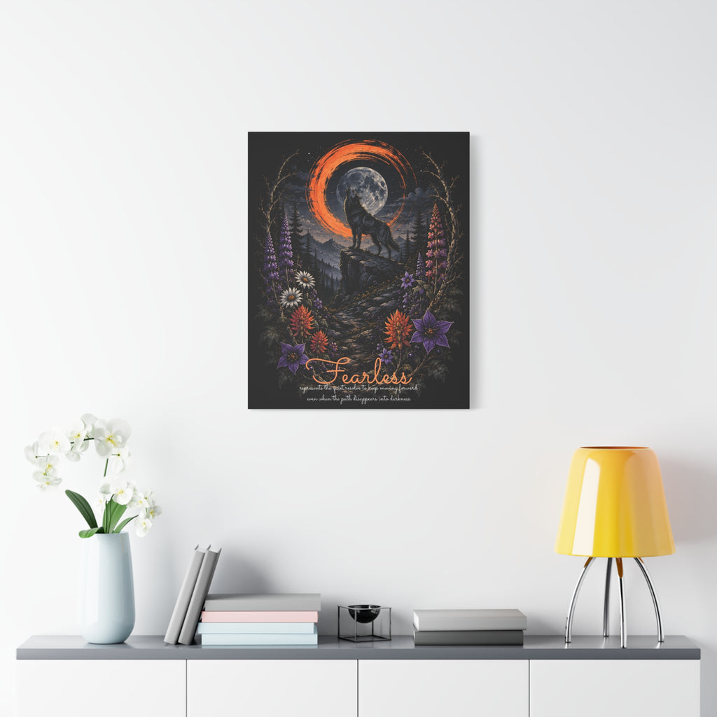 Fearless wolf and wildflowers canvas displayed on a white wall above a console and lamp