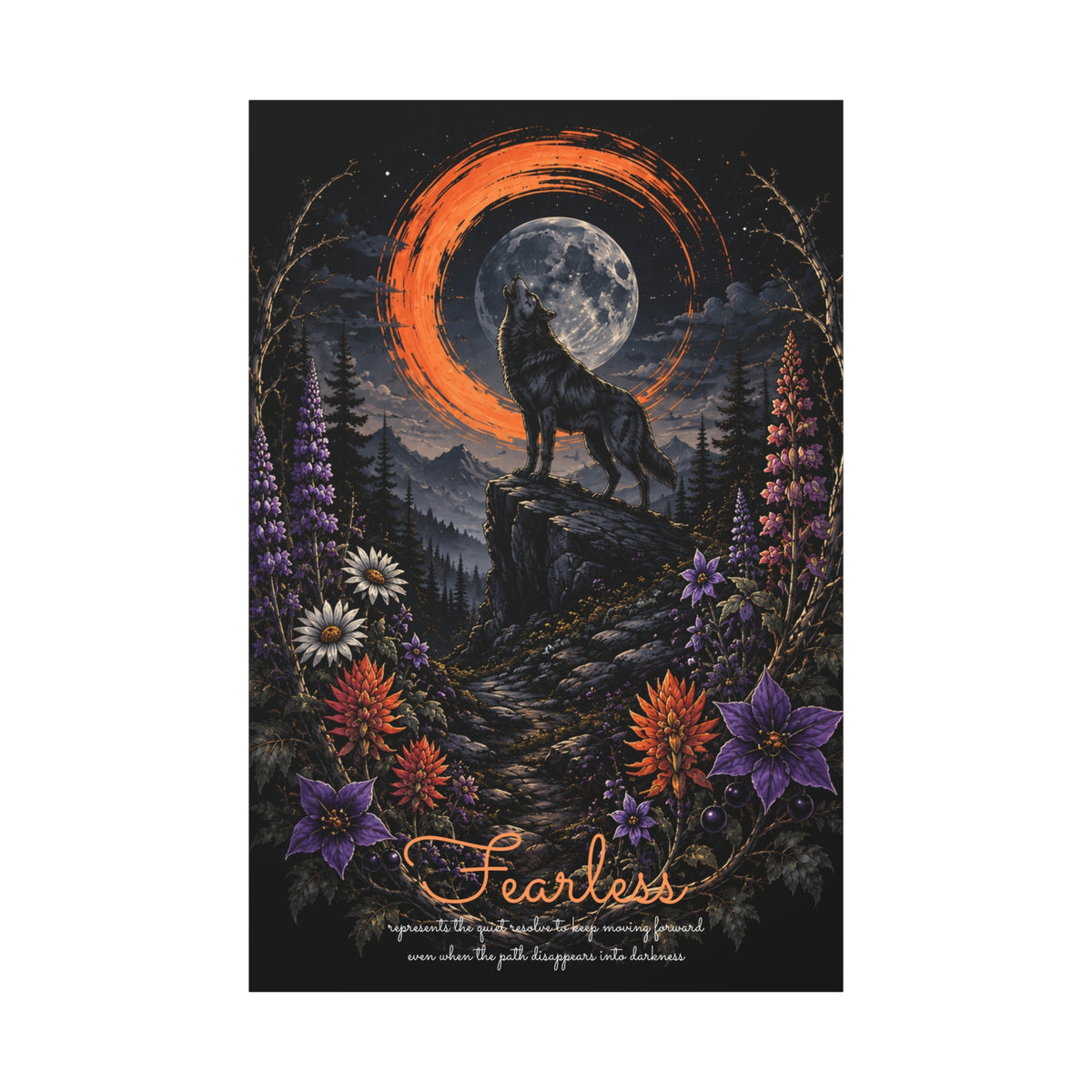 Fearless canvas print, 40" x 60" (Vertical), showing wolf and moon artwork