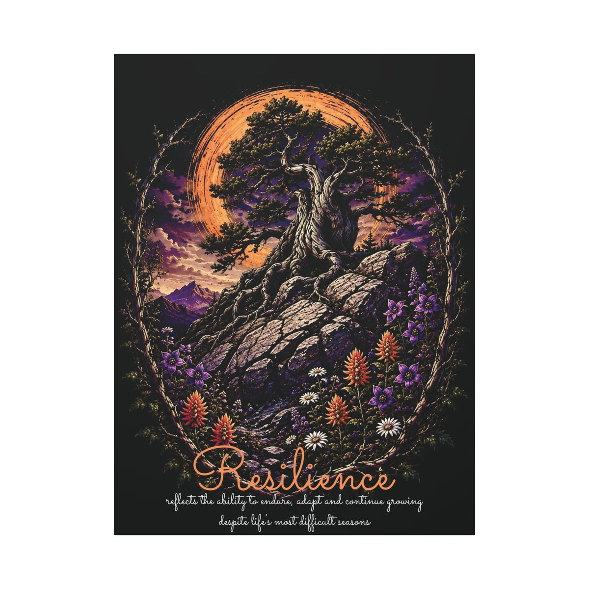 Resilience canvas print, 36" x 48" (Vertical), showing tree and wildflower artwork