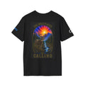 Black t-shirt with front graphic of a buck and mountain landscape beneath a sunset burst, 'The Wild Calling' text - Wild Places Collection