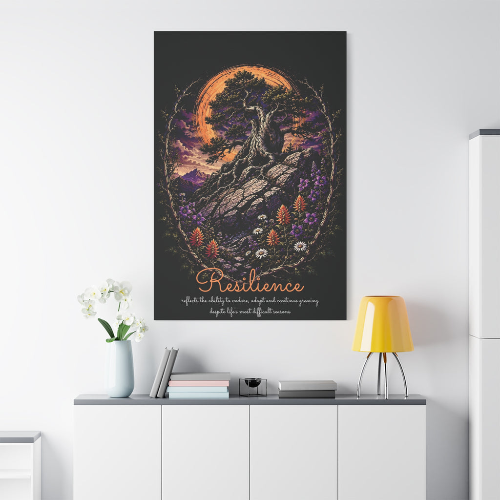 Resilience tree and wildflowers canvas displayed on a white wall above a console and lamp