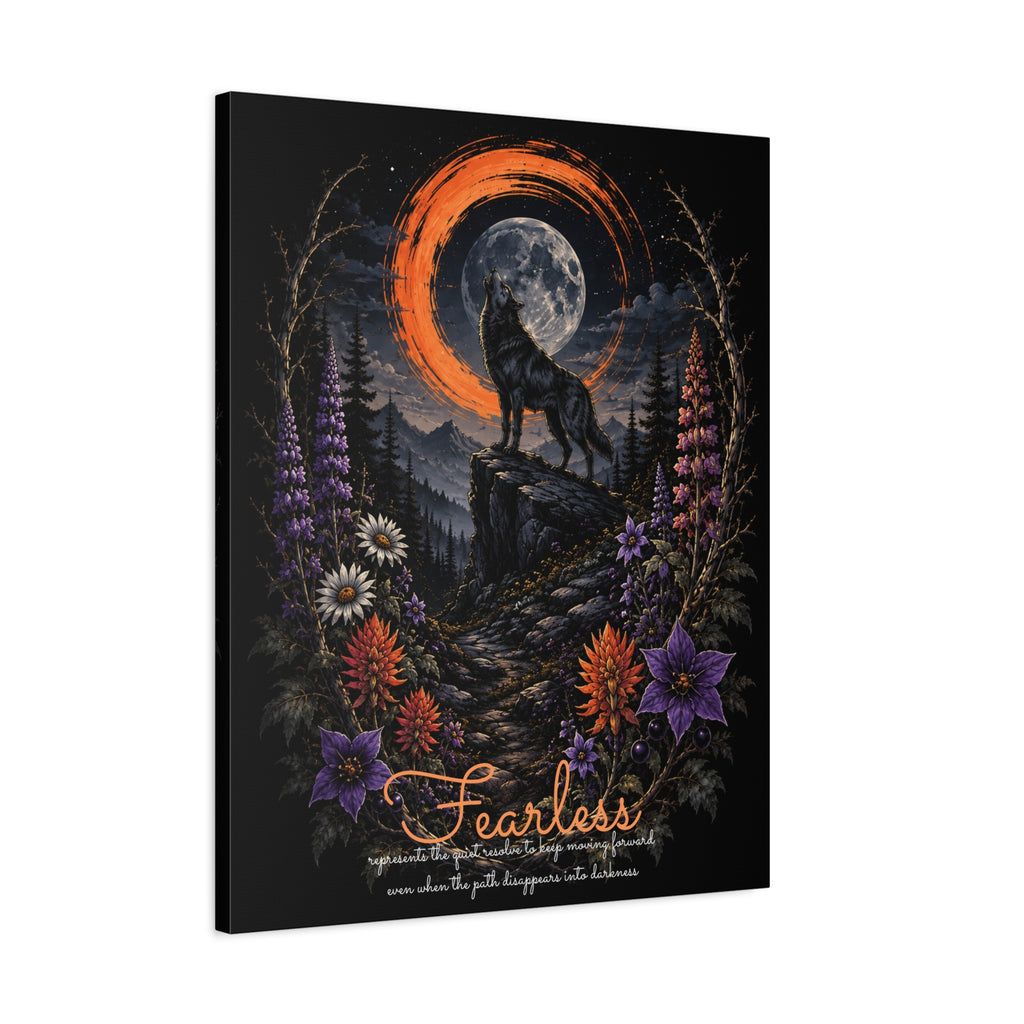 Angled view of Fearless wolf and wildflowers canvas showing the wrapped edge