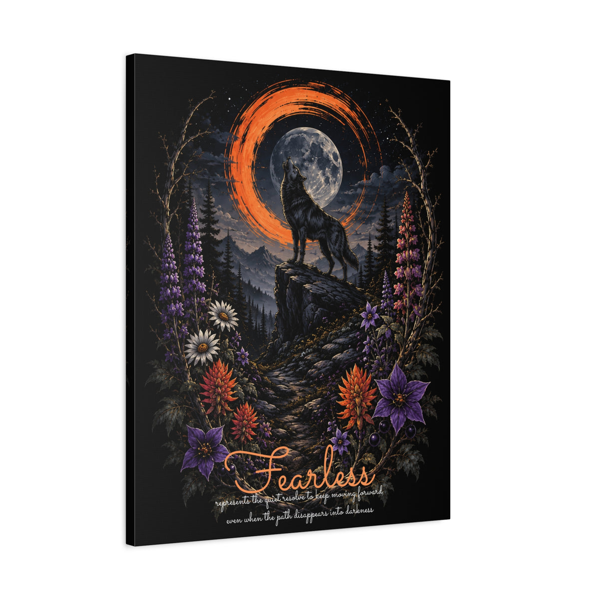 Angled view of Fearless wolf and wildflowers canvas showing the wrapped edge