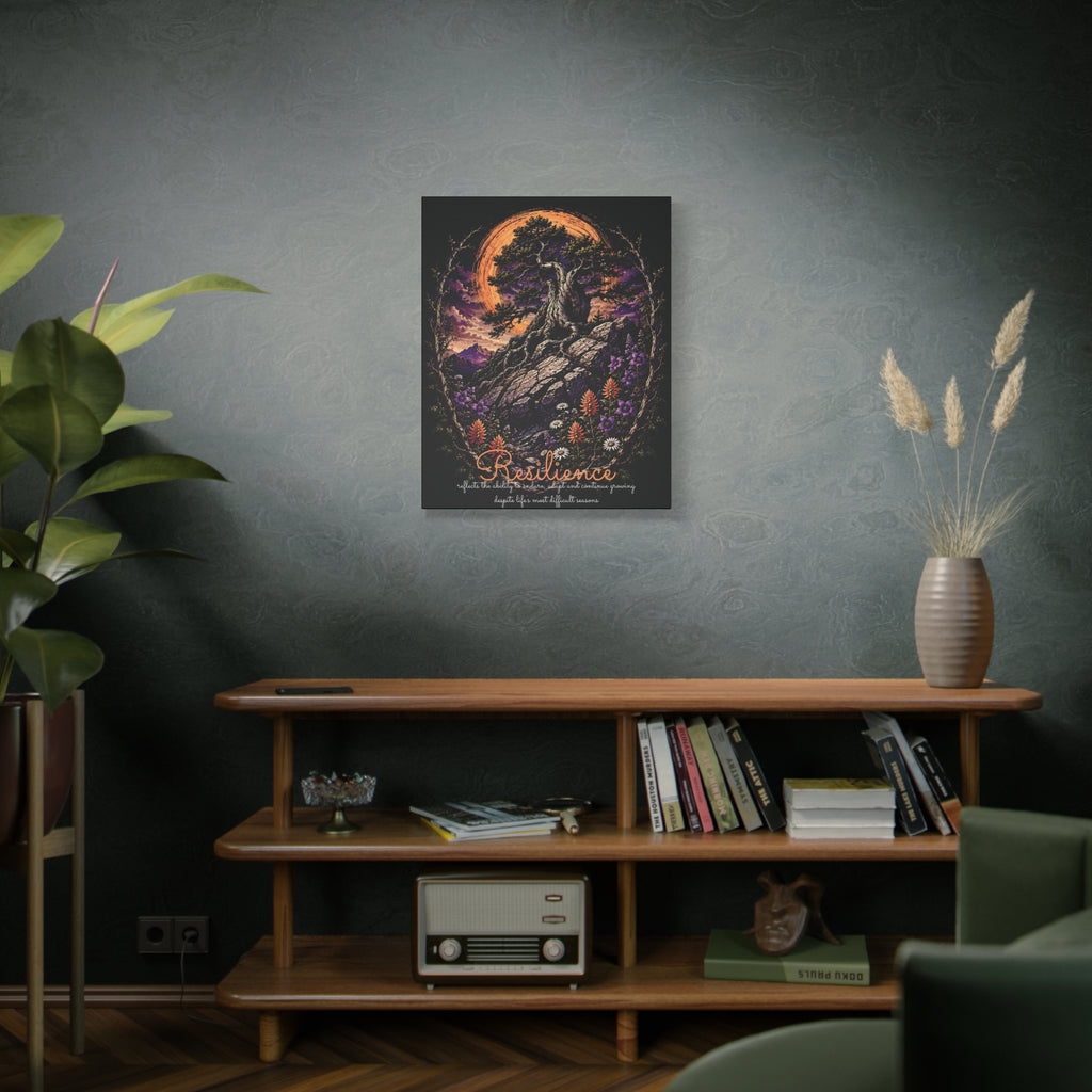Resilience tree and wildflowers canvas displayed on a gray-green wall above a wooden cabinet